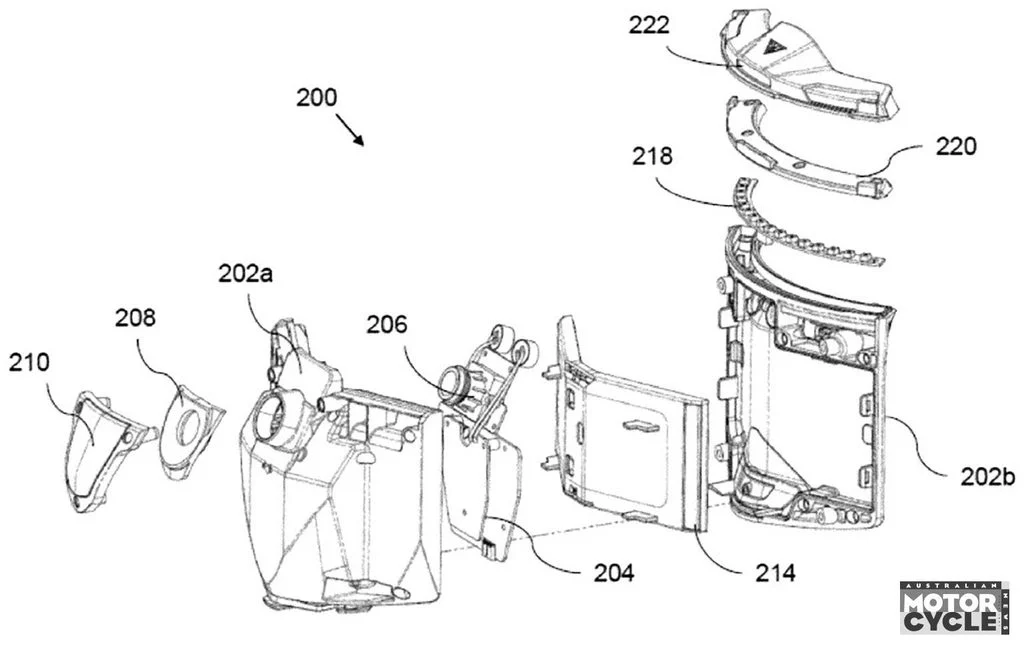 Capacete inteligente GoPro com design futurista e sistema integrado de detecção de veículos por som e monitoramento de ângulo morto, aumentando a segurança do motociclista.