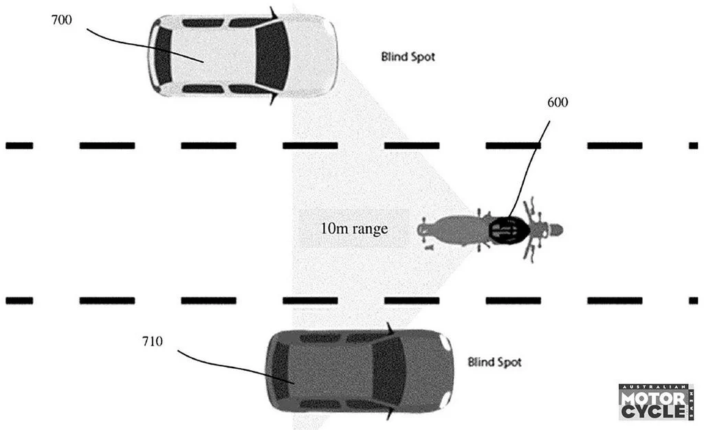 Capacete inteligente GoPro com design futurista e sistema integrado de detecção de veículos por som e monitoramento de ângulo morto, aumentando a segurança do motociclista.