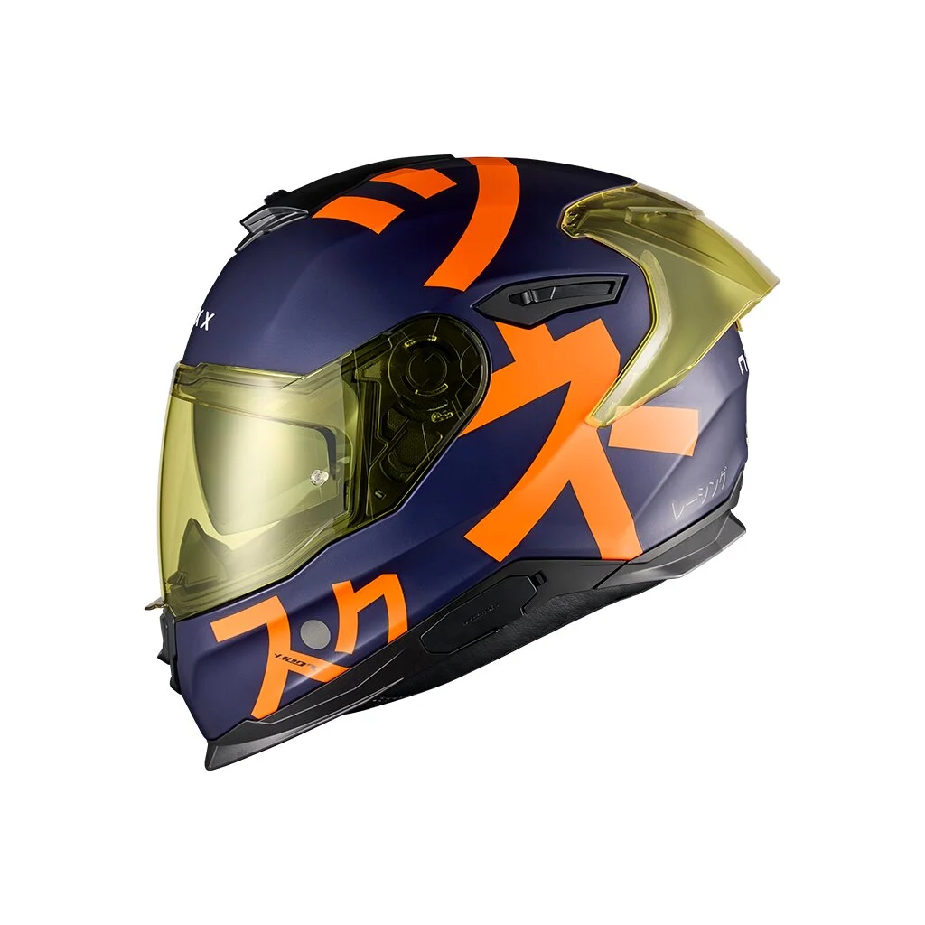 Capacete integral Nexx Y.100R Nippon com grafismo detalhado inspirado na cultura japonesa, exibindo padrões de samurai e cerejeiras, com viseira preta.