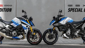 Moto Suzuki GSX-8S edição especial em preto fosco com detalhes prata, destaque da celebração de 50 anos da marca na Alemanha
