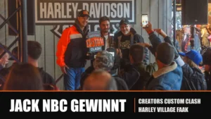 Jack NBC comemora vitória no Harley-Davidson Creators Custom Clash ao lado de sua moto customizada "Green Breakout" no Lake Faaker See