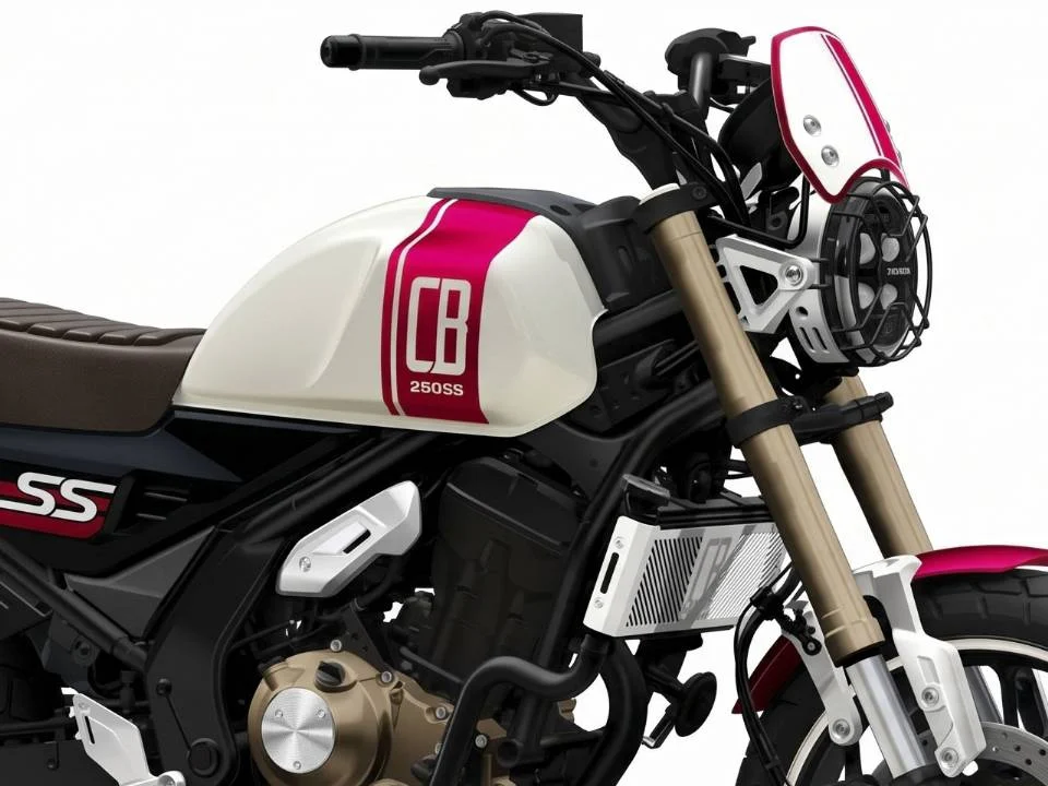 Honda CB250SS Scrambler Concept em exposição no Salão Internacional da Motocicleta da China, com design retrô e detalhes em branco e vermelho.