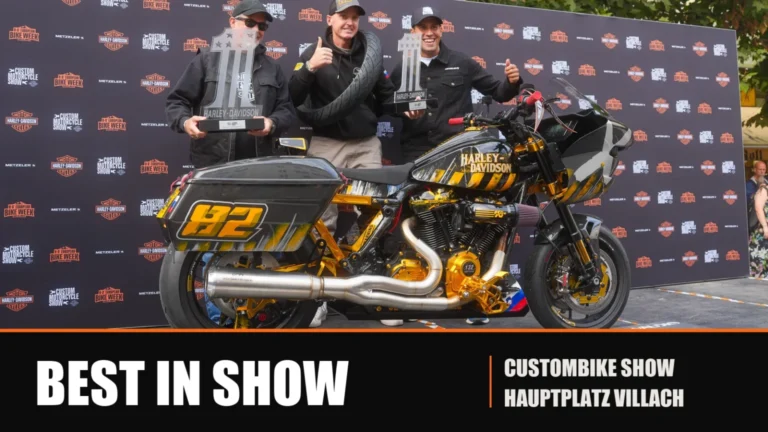 Moto customizada Clubstyle preta e dourada de Vito Klemenčič, VK Custom Works, vencedora do Best in Show no Villach Custom Bike Show 2026