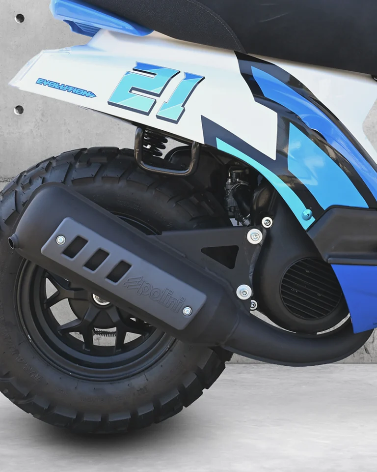 Sistema de escapamento Polini Original Hi-Speed para scooters 50cc, com design discreto e proteção térmica modernizada.