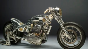 A Royal Enfield Shotgun 650 customizada Shilpa em close-up, uma motocicleta drag racing com chassi hardtail em alumínio e motor 865cc, destacando seu design agressivo e rodas alargadas.