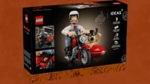 Renderização conceitual de um set LEGO da motocicleta com sidecar de Wallace e Gromit, mostrando os personagens em estilo LEGO e o veículo detalhado.