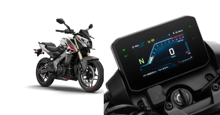 Painel TFT de 5 polegadas da nova Bajaj Pulsar NS400z exibindo informações e conectividade em uma imagem detalhada do cockpit da motocicleta.