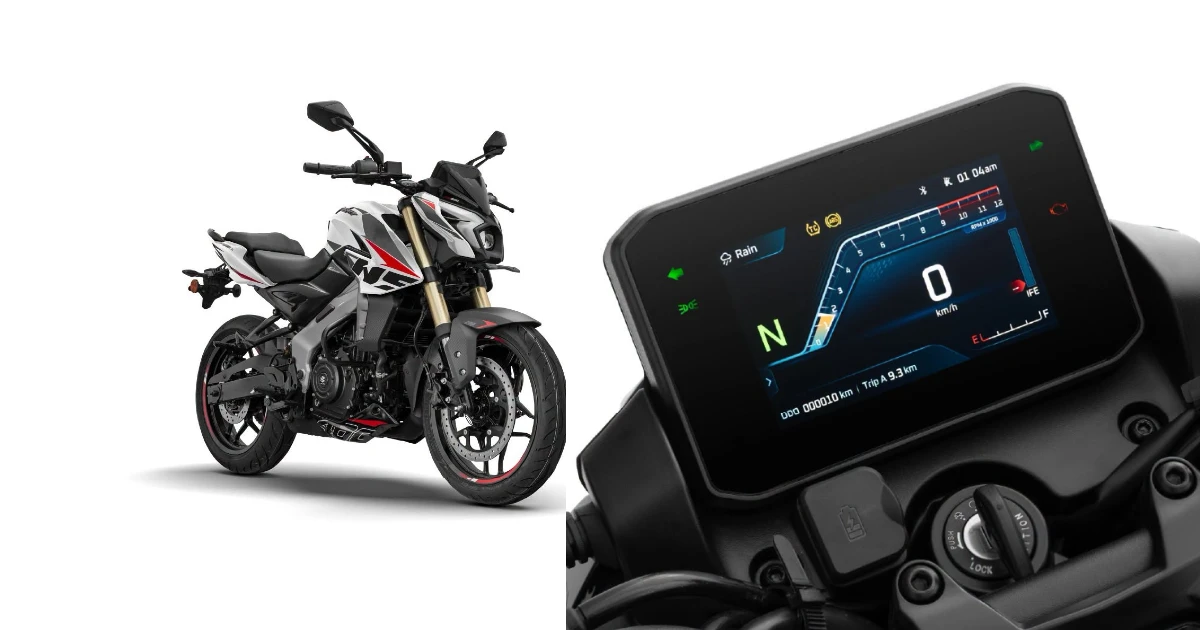 Painel TFT de 5 polegadas da nova Bajaj Pulsar NS400z exibindo informações e conectividade em uma imagem detalhada do cockpit da motocicleta.